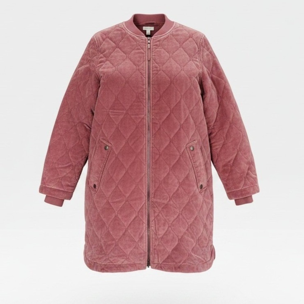 Garnet Hill Quilted Velvet Long Bomber Jacket Womens Medium Rose Pink NWOT